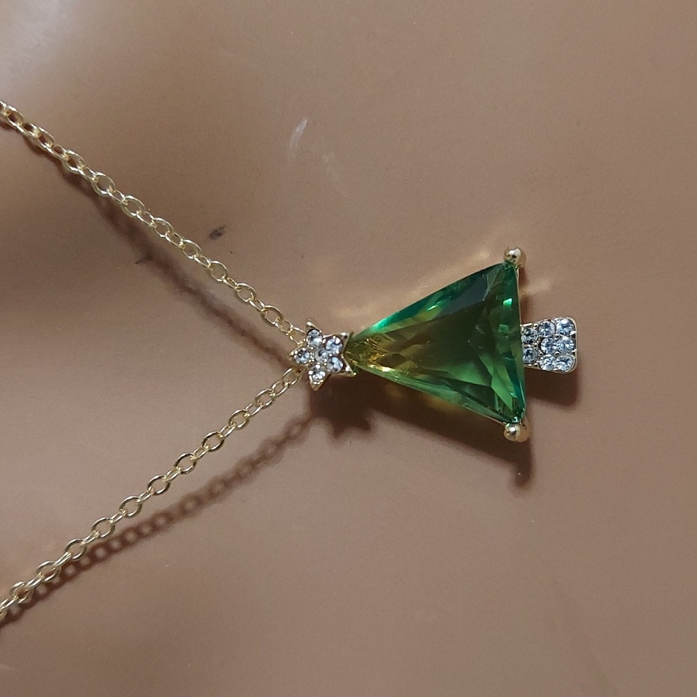 Watermelon Tourmaline CZ Triangle Tree Gold Pendant - Picture 12 of 12